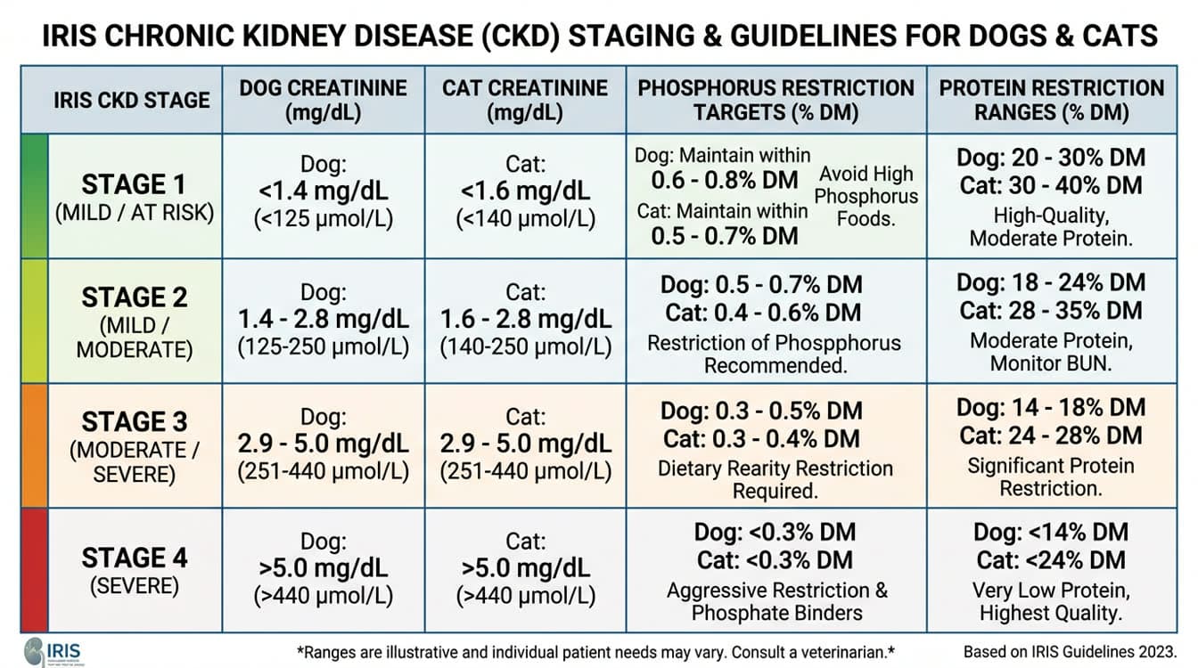 IRIS CKD staging dietary targets table for dogs and cats