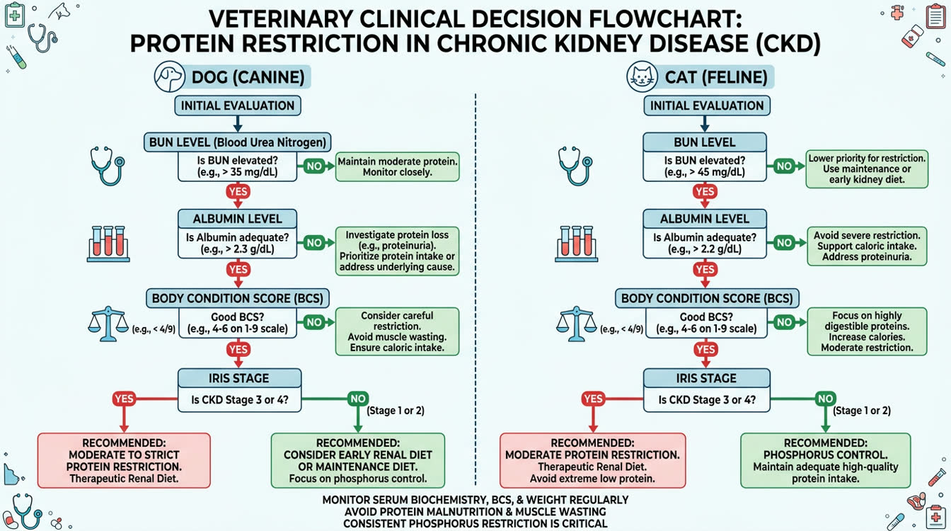 Comparison flowchart of protein restriction decisions in canine vs feline CKD