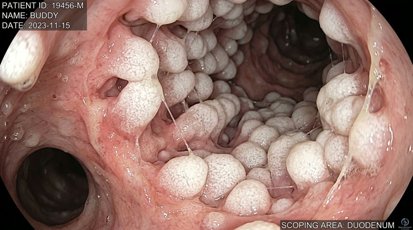 Endoscopic view of intestinal lymphangiectasia with dilated white lacteals in a dog