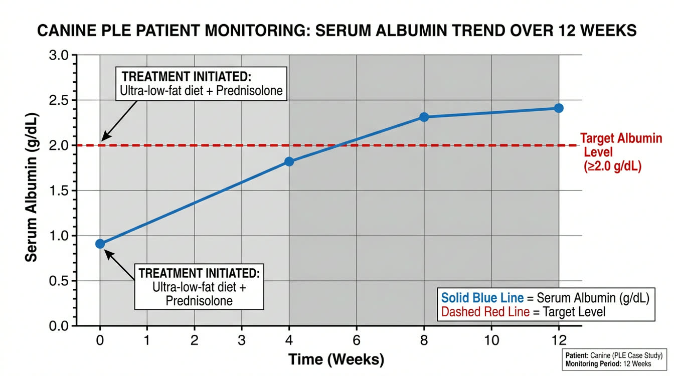 Albumin trend chart over 12 weeks of low-fat diet and prednisolone treatment for PLE
