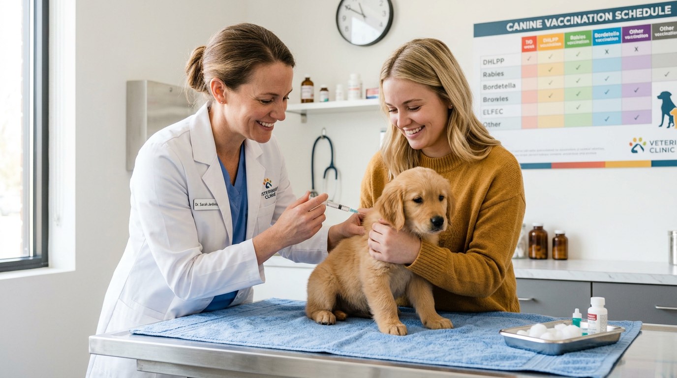 Veterinarian administering vaccine to puppy held by smiling owner