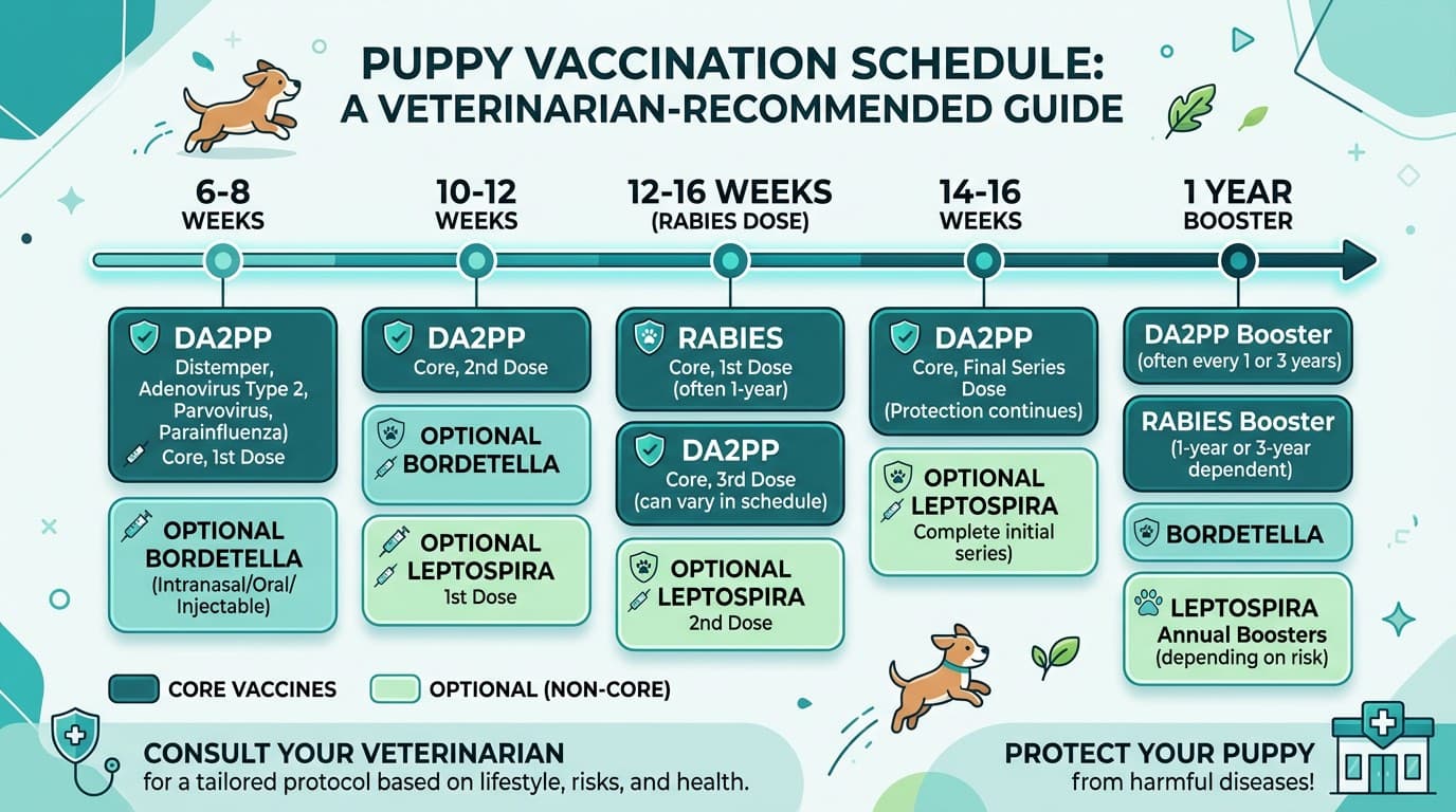 Puppy vaccination schedule chart showing core vaccine timing from 6 to 16 weeks
