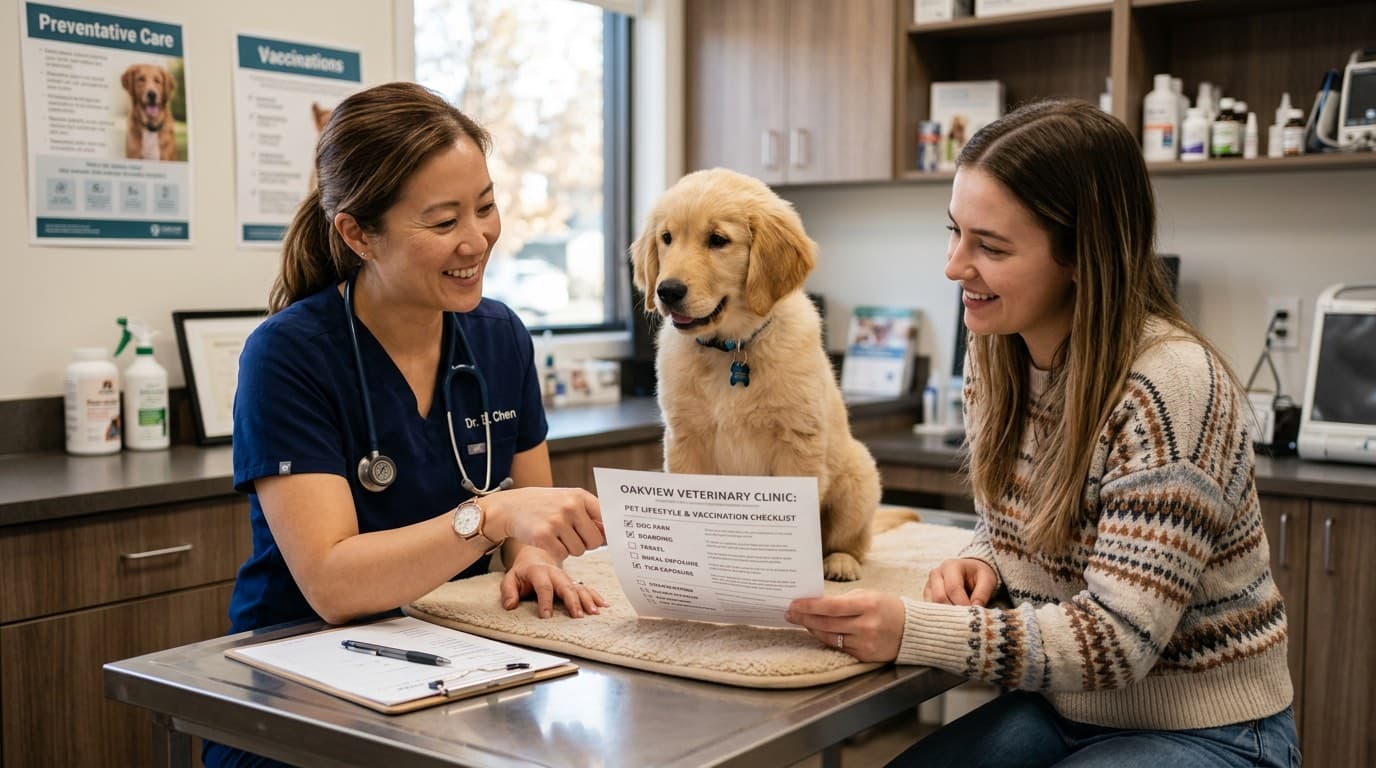 Veterinarian discussing non-core vaccine lifestyle risk factors with a dog owner