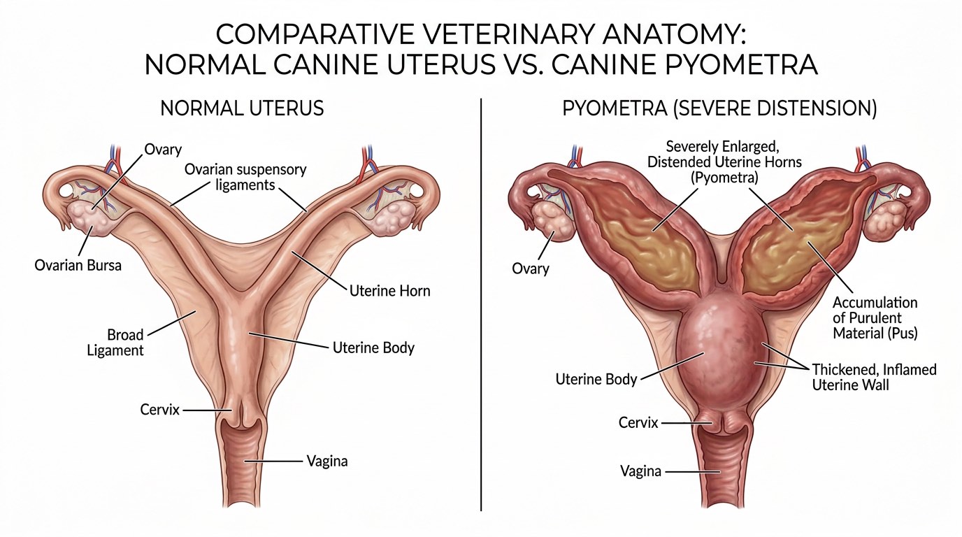 Anatomical comparison of normal uterus versus severely enlarged pyometra uterus