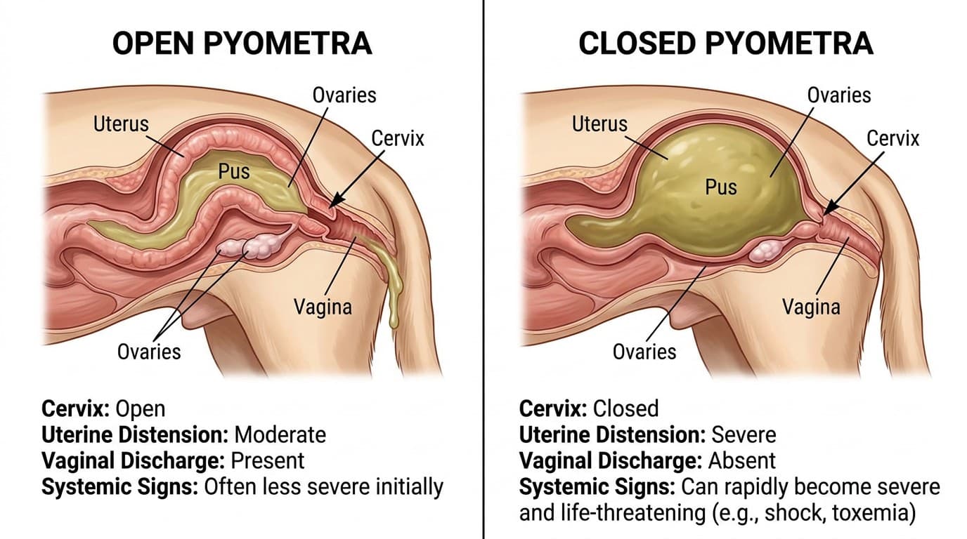 Veterinary illustration showing open versus closed pyometra in a female dog