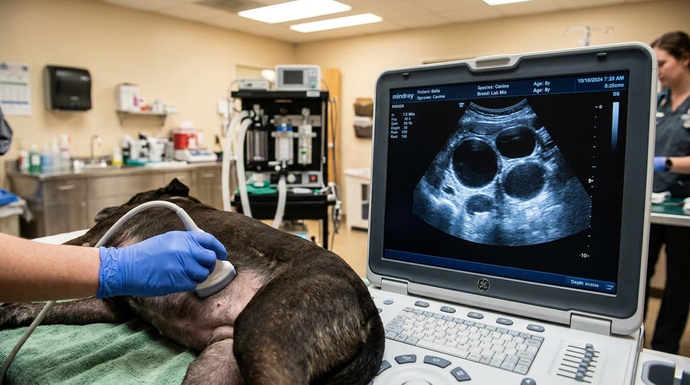 Ultrasound screen showing a distended, fluid-filled uterus in a female dog
