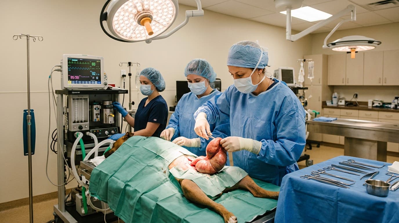 Veterinary surgeon performing emergency ovariohysterectomy on a dog with pyometra