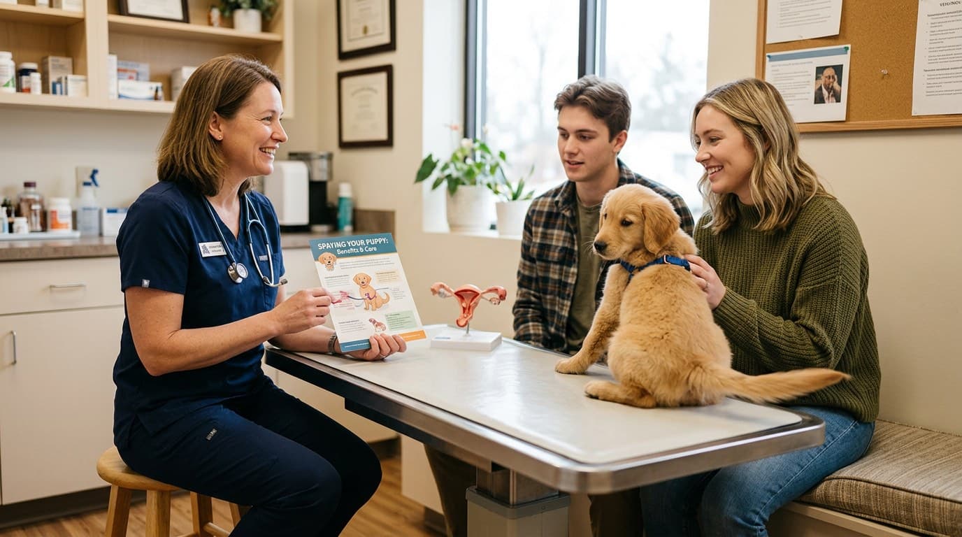 Veterinarian discussing spay options with a dog owner in a clinic