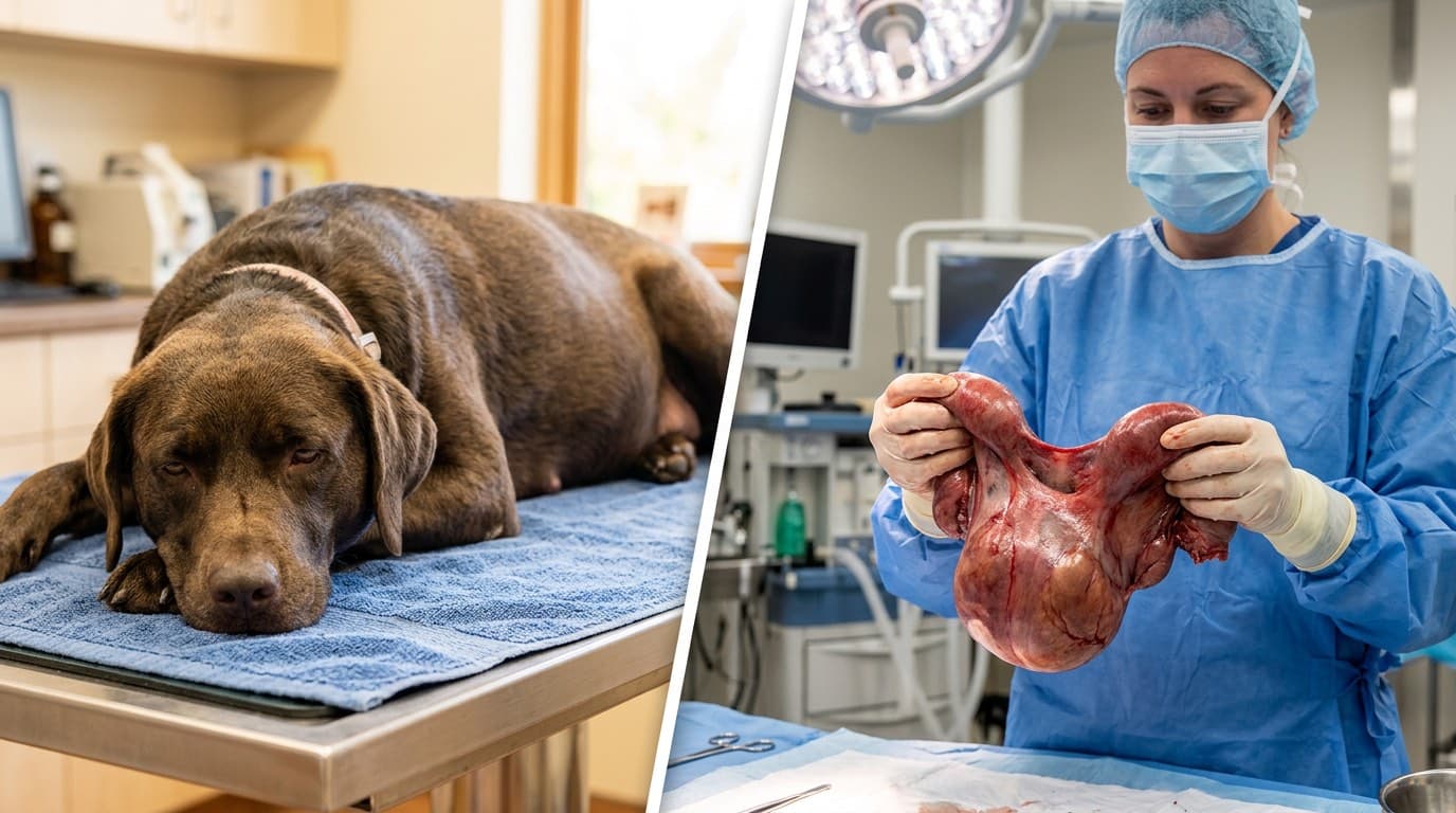 Veterinary surgeon performing emergency ovariohysterectomy on a dog with pyometra showing grossly distended uterus