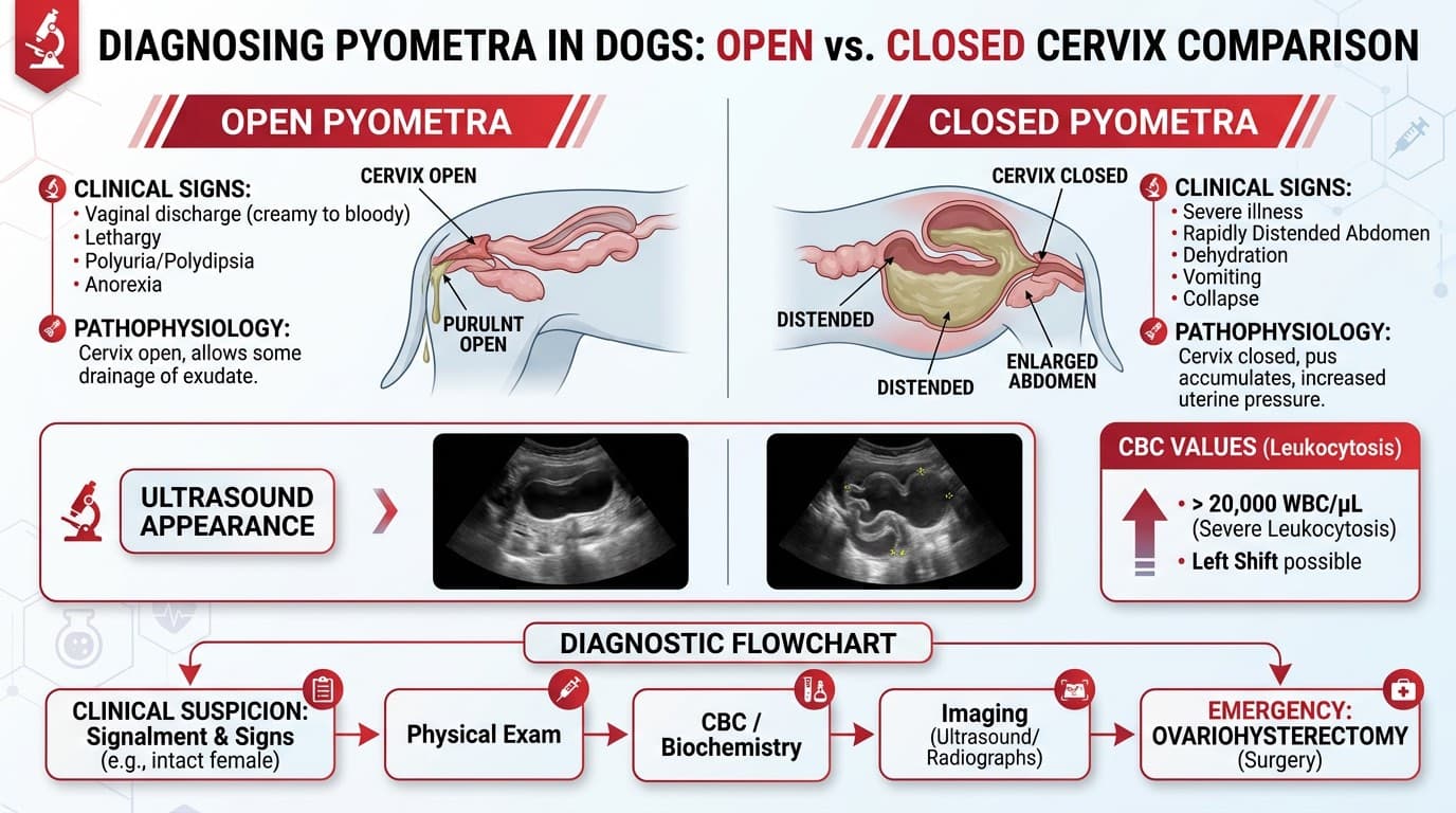 Clinical comparison infographic open vs closed pyometra with diagnostic findings