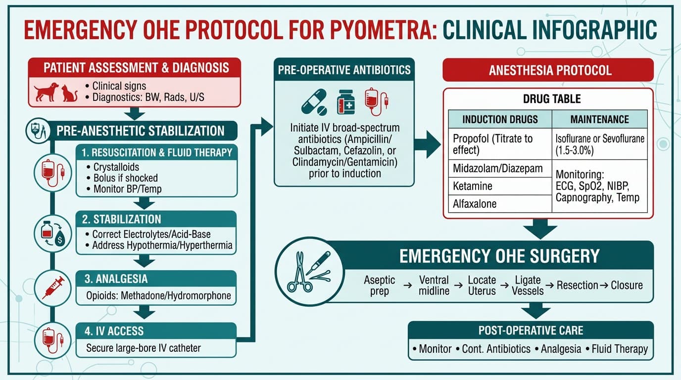 Anesthesia and surgical protocol flowchart for emergency pyometra spay in dogs
