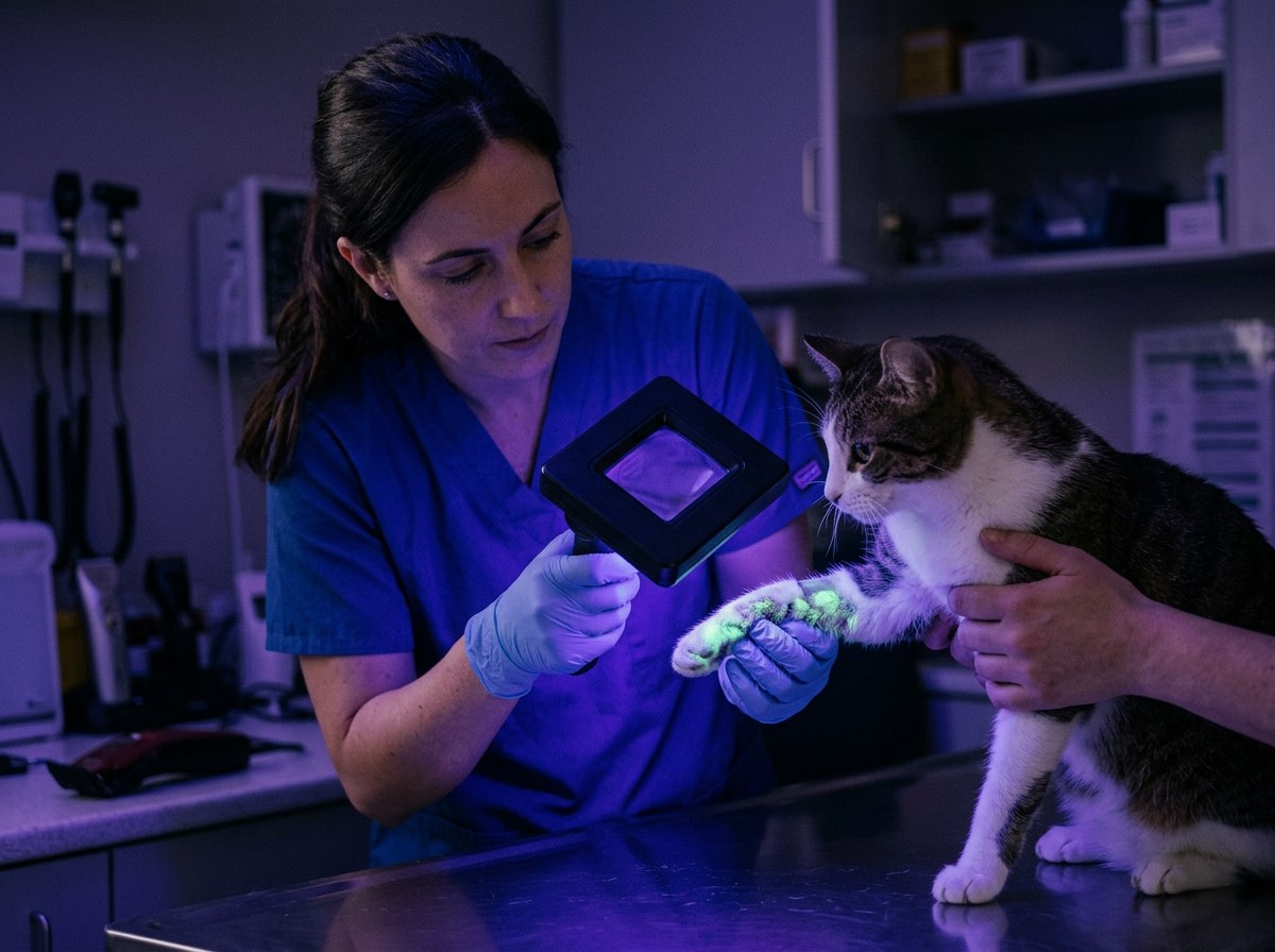Wood's lamp examination showing fluorescent ringworm infection on cat