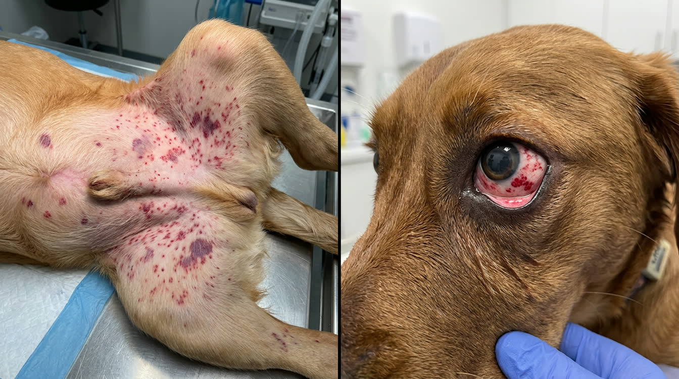 Dog with petechiae on ventral abdomen and conjunctival hemorrhages from RMSF vasculitis