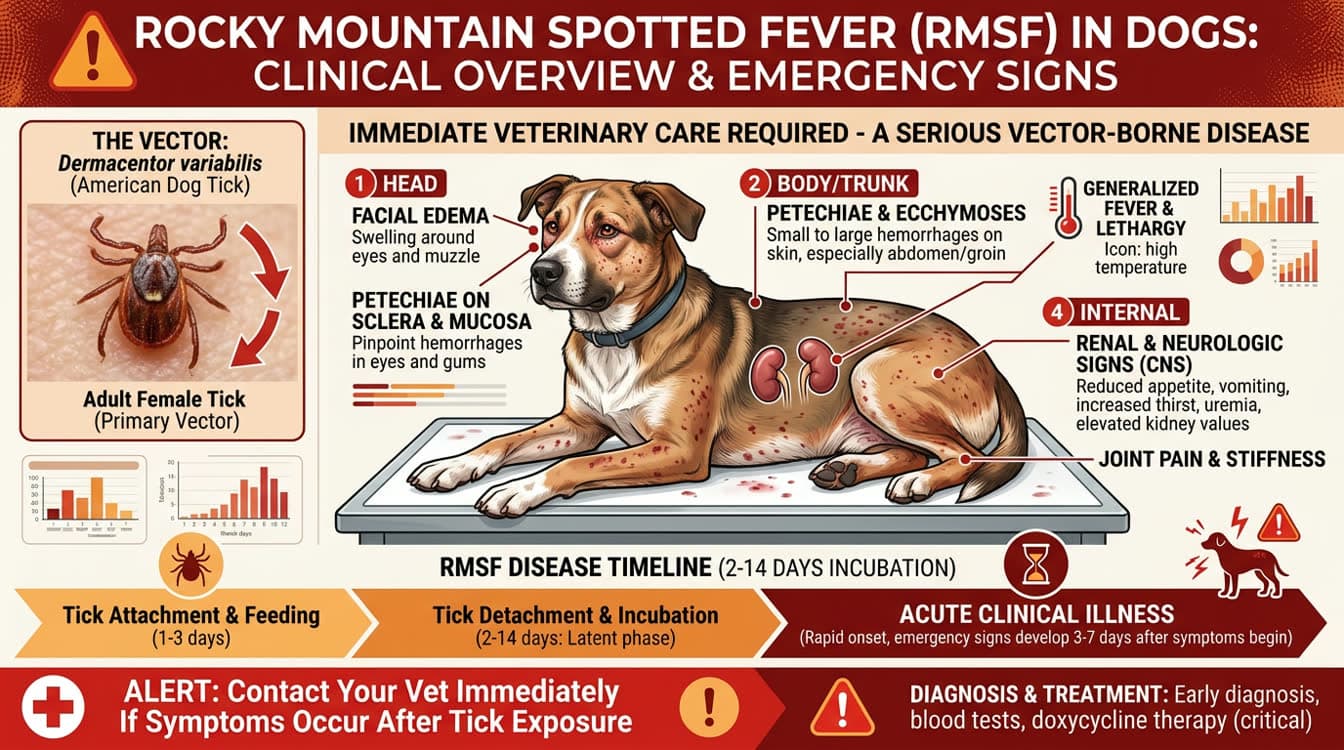 RMSF clinical signs diagram showing petechiae, CNS signs, and multi-organ involvement with tick vector illustration
