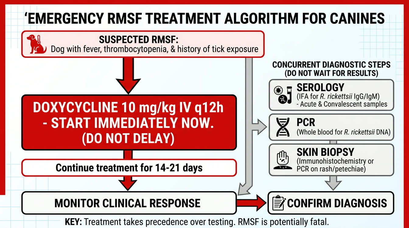 RMSF diagnosis and treatment flowchart showing when to start empiric doxycycline versus waiting for serology