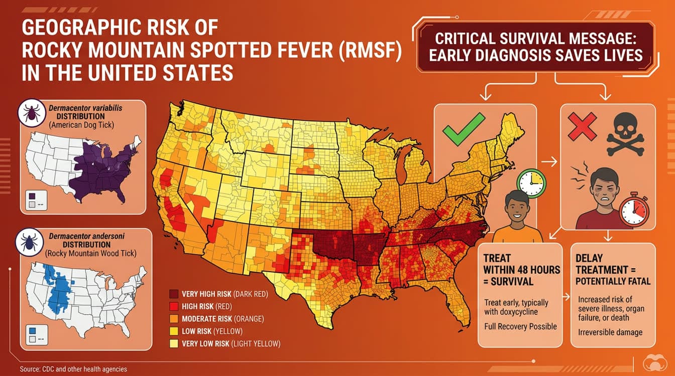 RMSF geographic distribution map of the US showing southeast/south-central hotspot and tick species by region