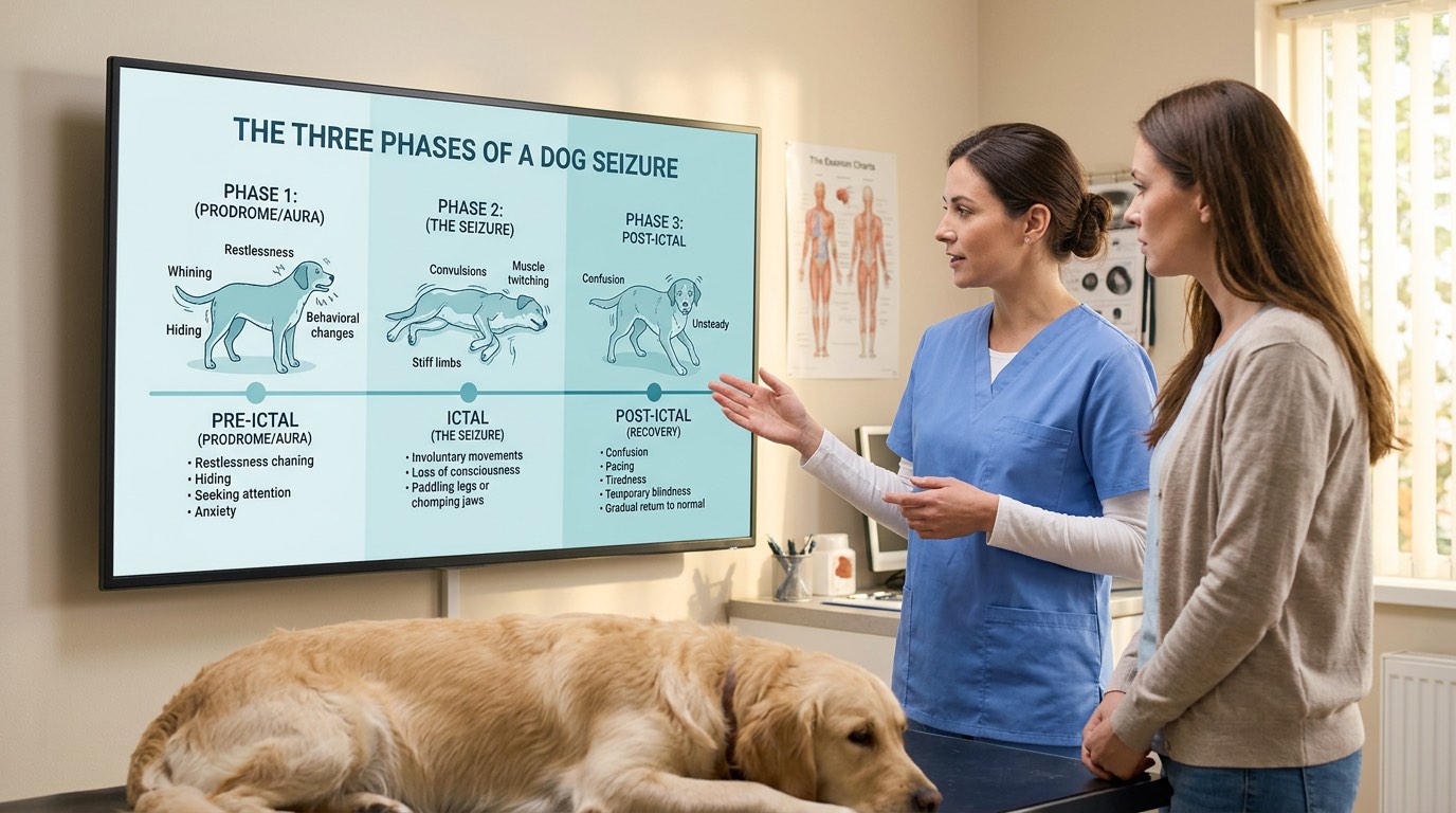 Infographic showing the three phases of a seizure: pre-ictal, ictal, and post-ictal