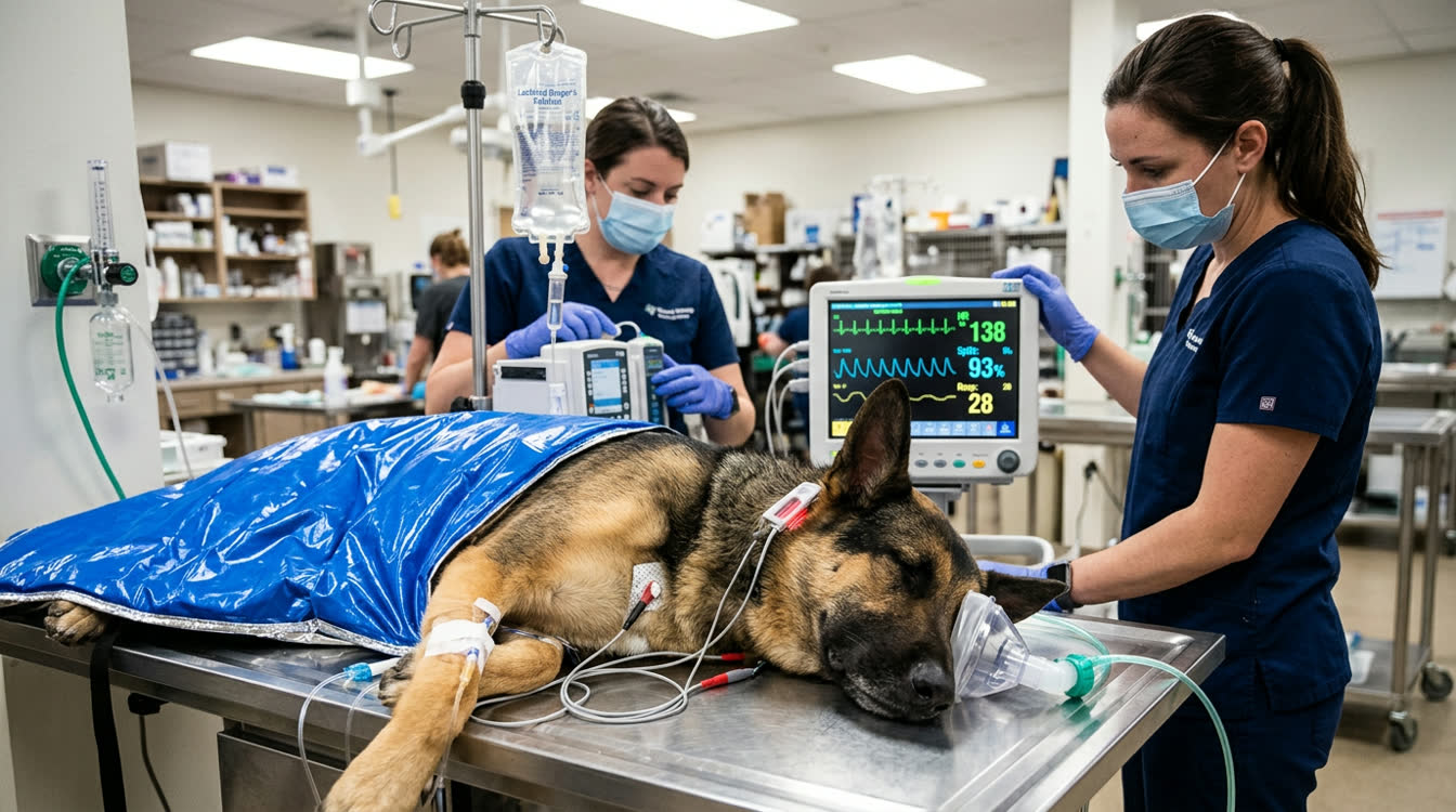 Dog in intensive care with IV fluids, ECG monitoring and oxygen therapy during septic shock treatment