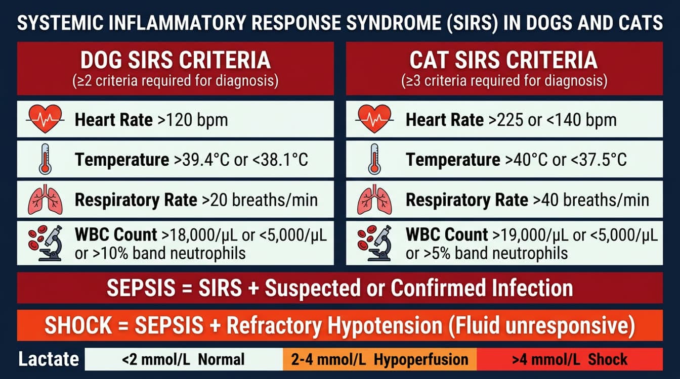 SIRS and sepsis diagnostic criteria table for dogs and cats with normal reference values