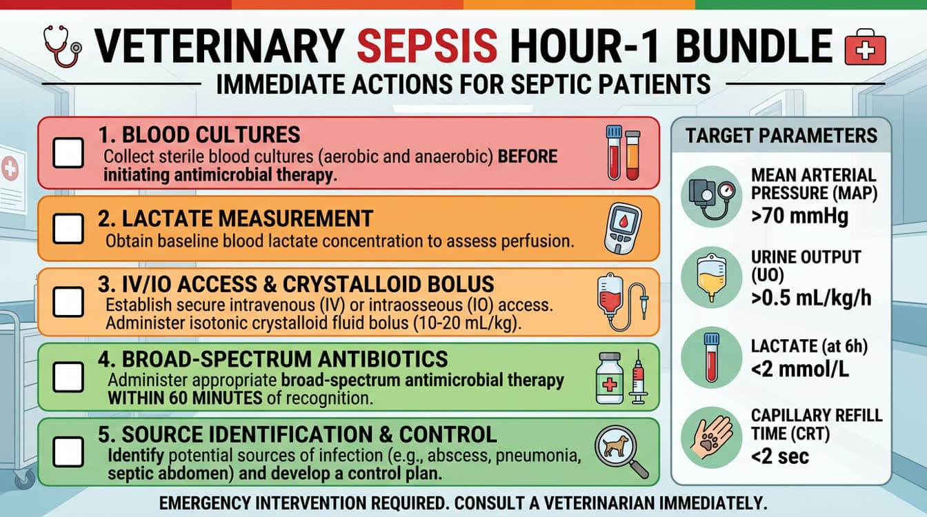 Sepsis bundle checklist showing first-hour goals, blood culture timing, and fluid targets