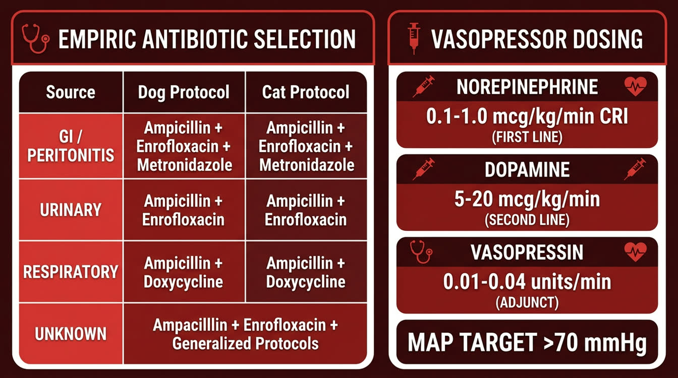 Antibiotic selection and vasopressor dosing chart for sepsis in dogs and cats