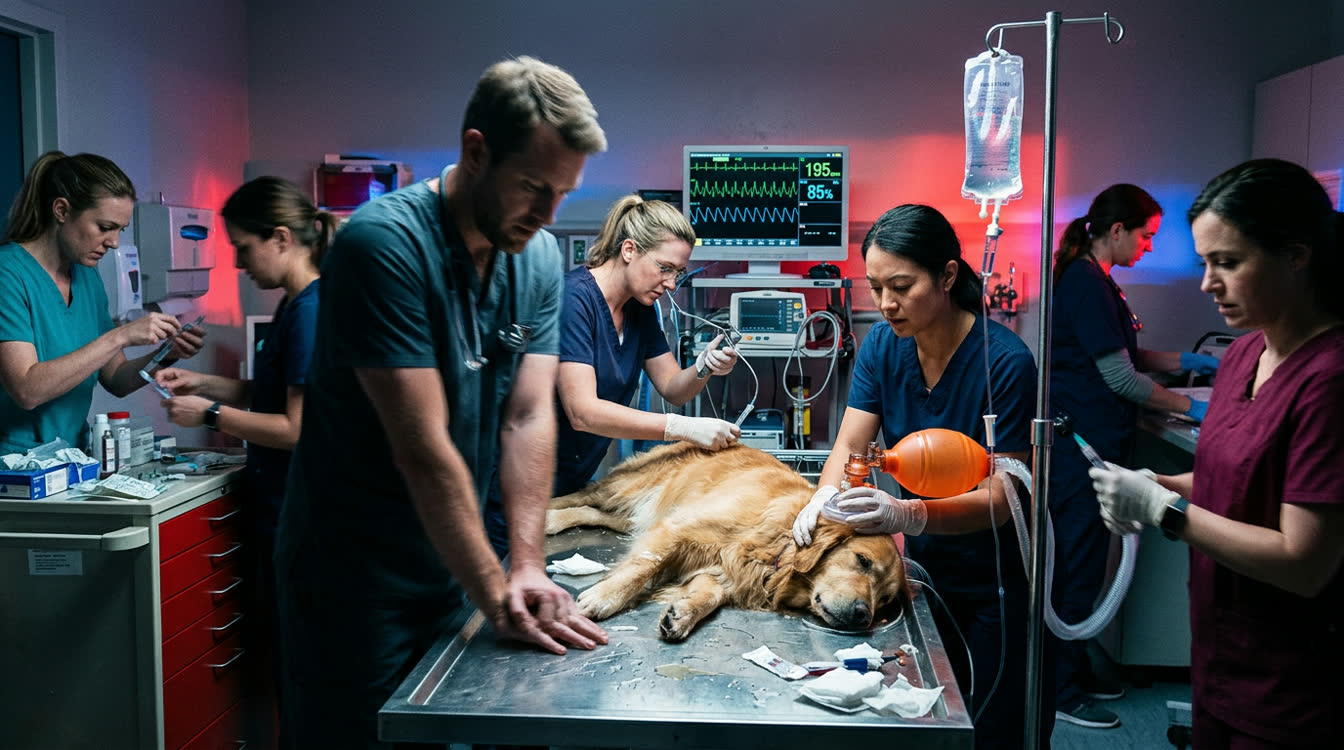 Emergency veterinary team performing shock resuscitation on a dog with IV fluid bolus administration