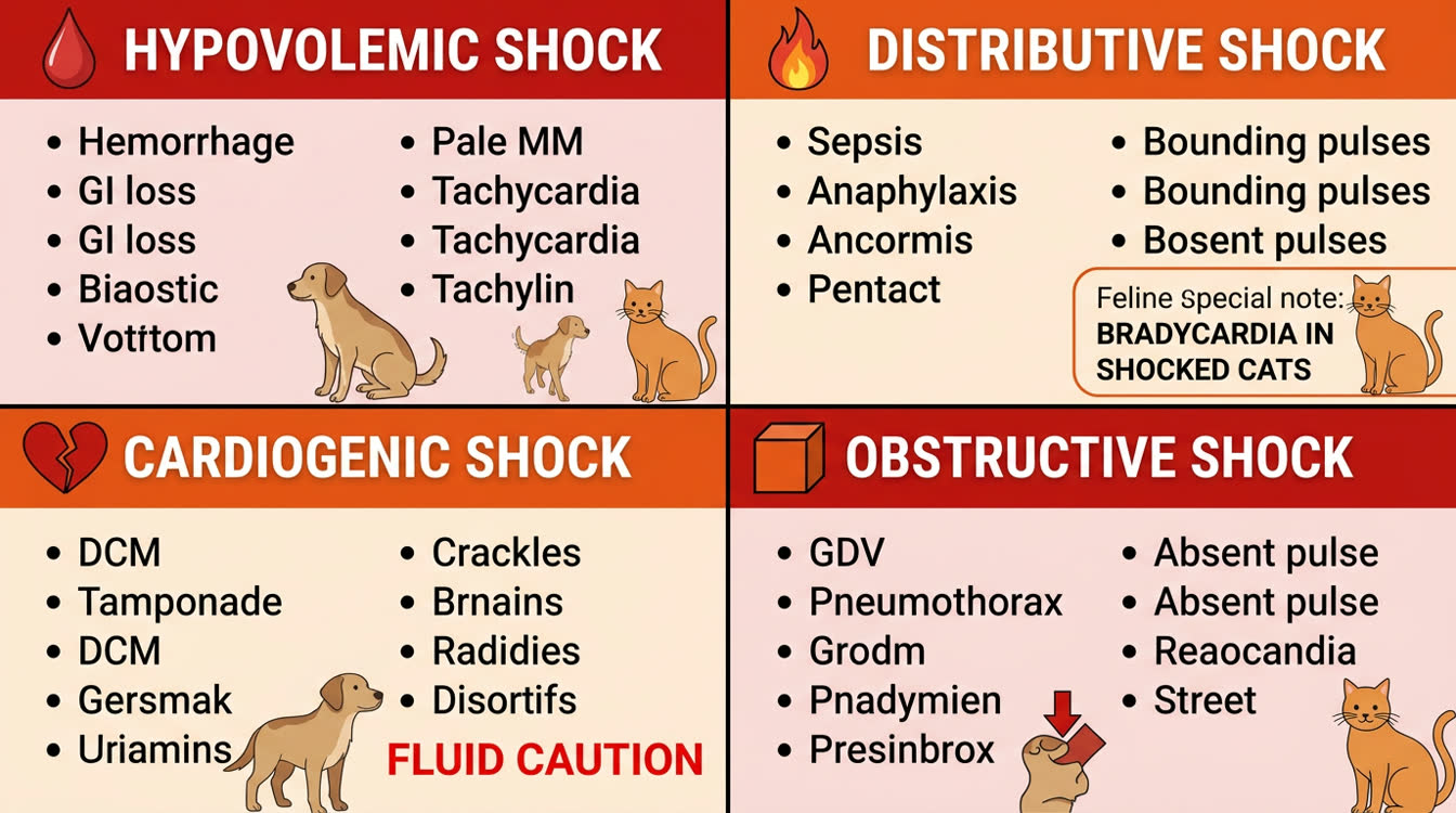 Shock classification diagram for dogs and cats showing four types with clinical signs and pathophysiology