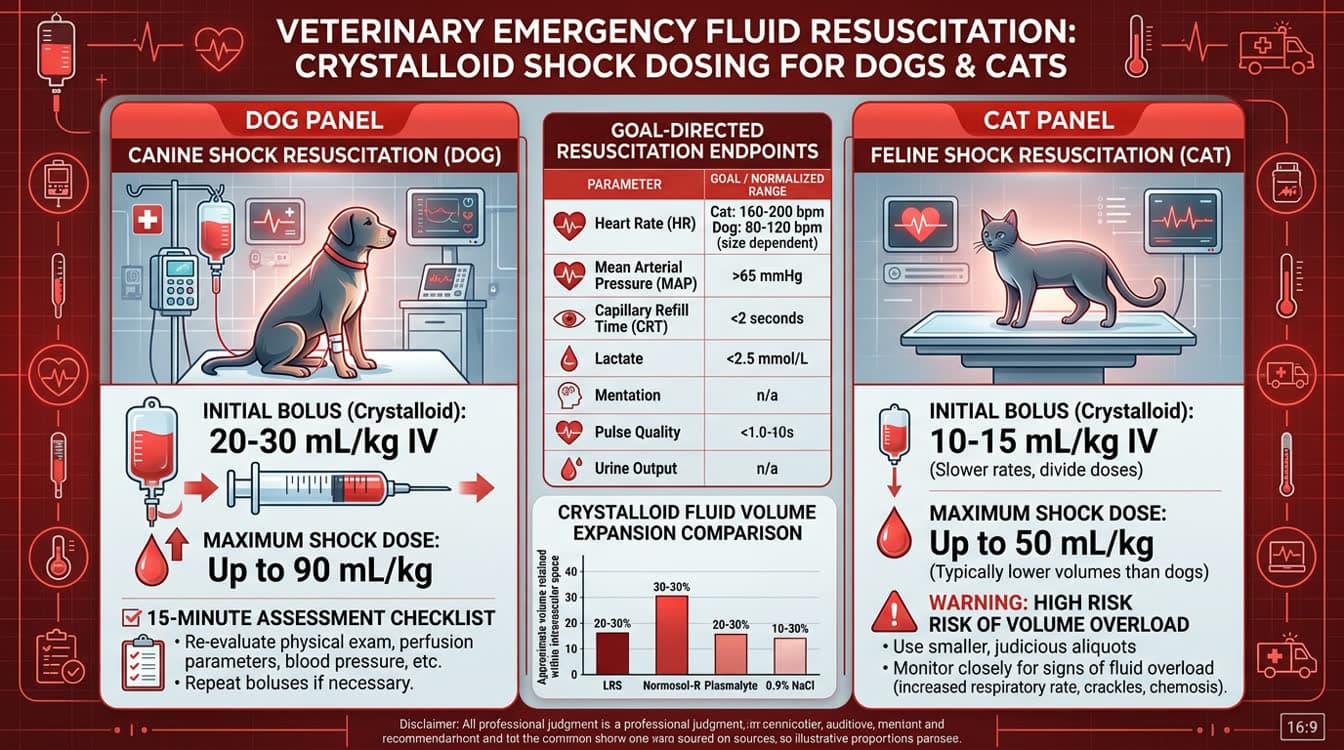 Fluid resuscitation protocol chart for dogs and cats showing crystalloid bolus doses and resuscitation endpoints