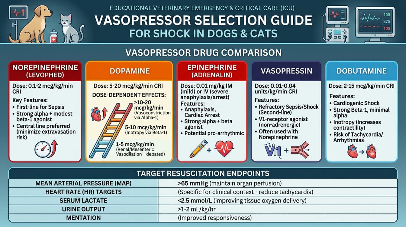 Vasopressor selection chart for veterinary shock showing norepinephrine, dopamine and dobutamine doses and indications