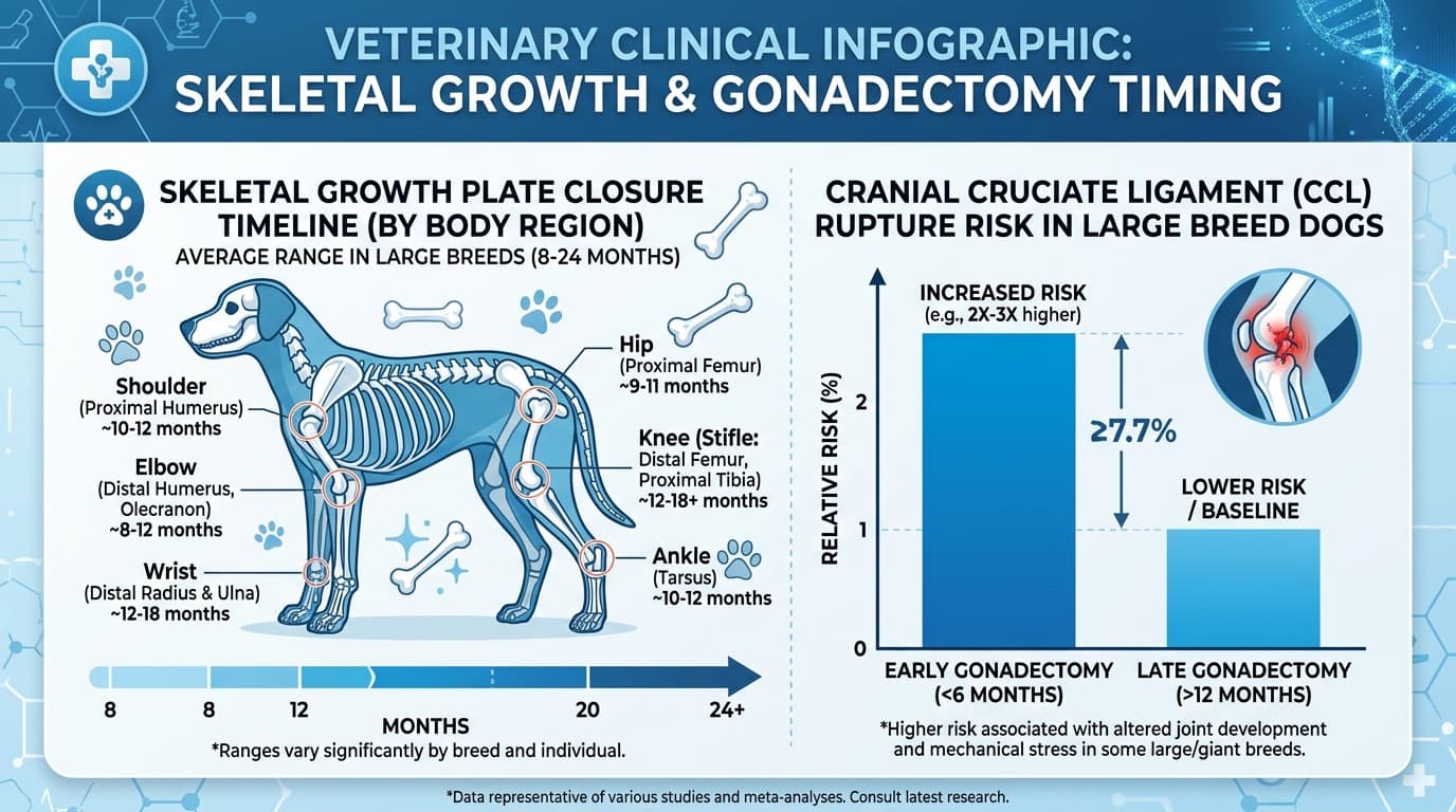 Growth plate closure timeline and CCL rupture risk by breed size and spay neuter age infographic