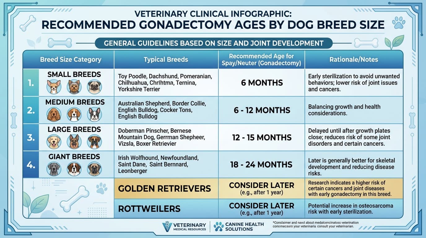 Breed-specific spay neuter timing recommendation table from small to giant breed dogs