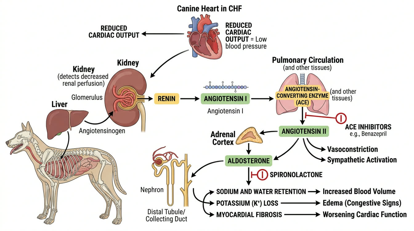 RAAS pathway diagram showing aldosterone cascade and spironolactone blocking site