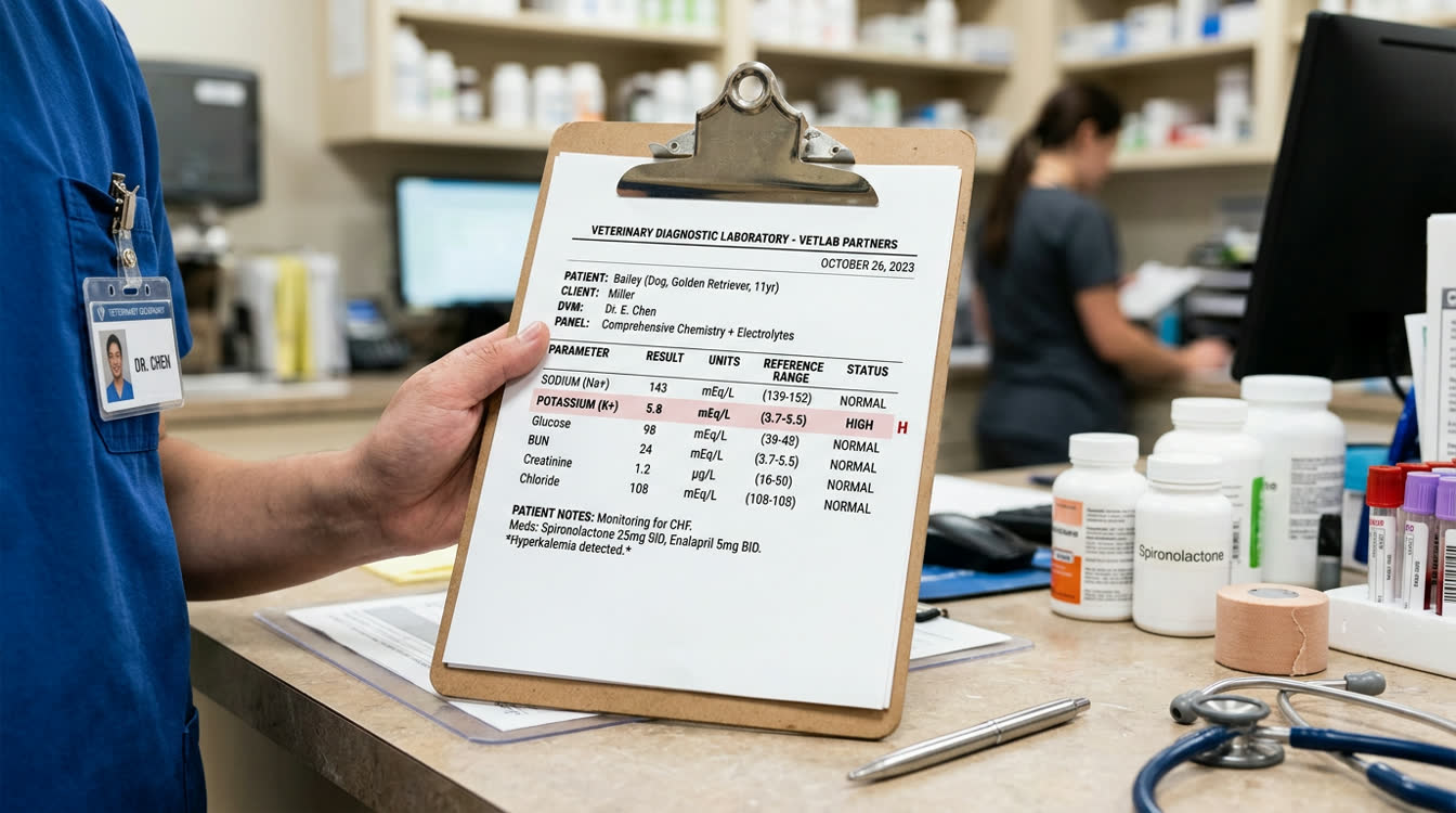 Blood chemistry panel showing elevated potassium in dog on spironolactone and enalapril