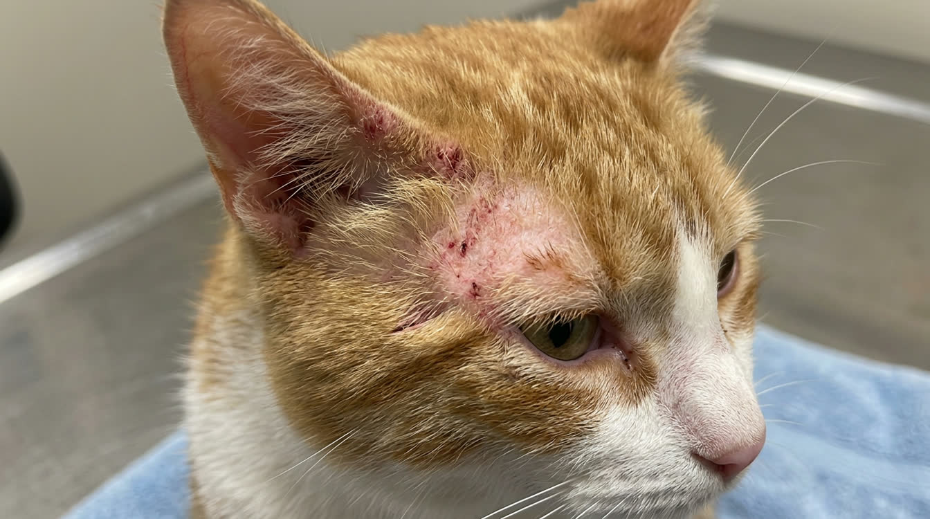 Cat with periocular and periauricular excoriation from spironolactone adverse reaction