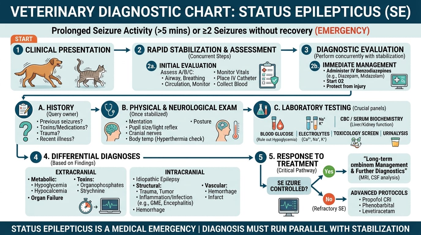Step-by-step emergency drug protocol for status epilepticus in dogs with doses and timing