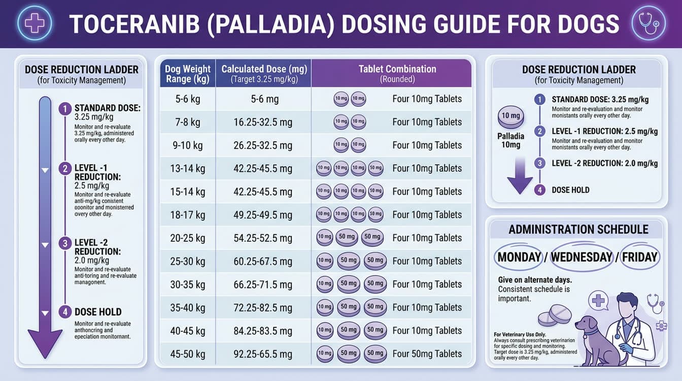 Toceranib phosphate dosing table by body weight for dogs with dose reduction schedule