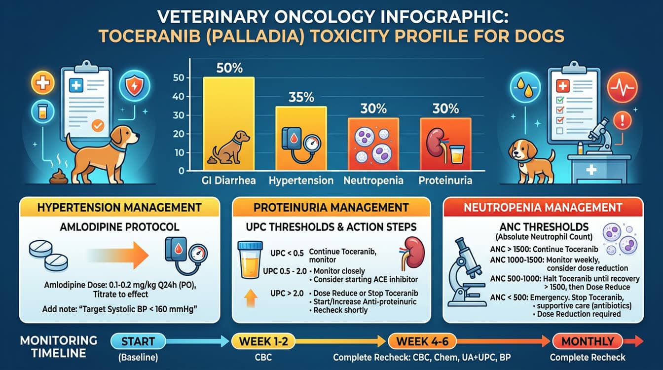 Toceranib toxicity monitoring chart showing adverse effects frequencies and management protocols for dogs