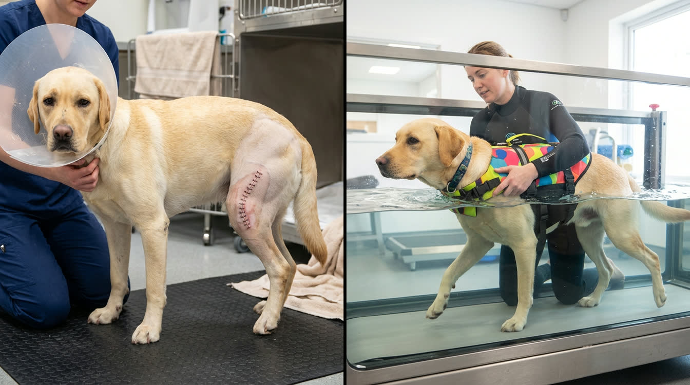 Labrador Retriever undergoing underwater treadmill rehabilitation after TPLO surgery with physiotherapist