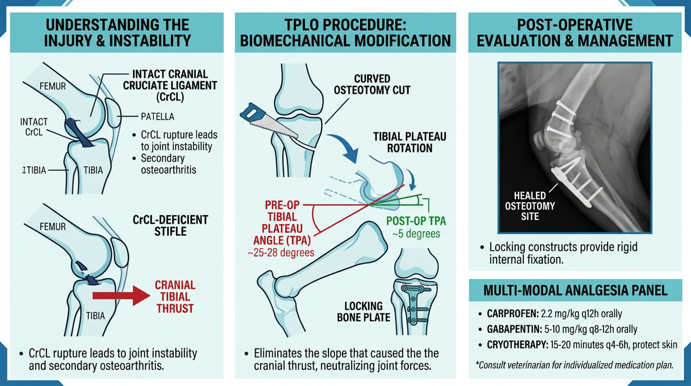 TPLO procedure diagram showing tibial plateau angle correction and post-operative radiograph appearance