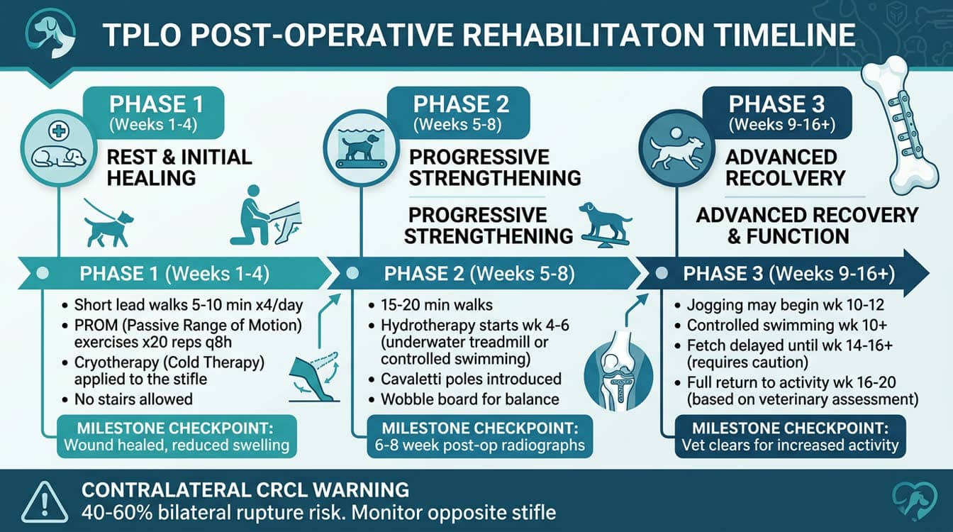 TPLO rehabilitation timeline from week 1 to week 16 with exercise milestones and physiotherapy schedule