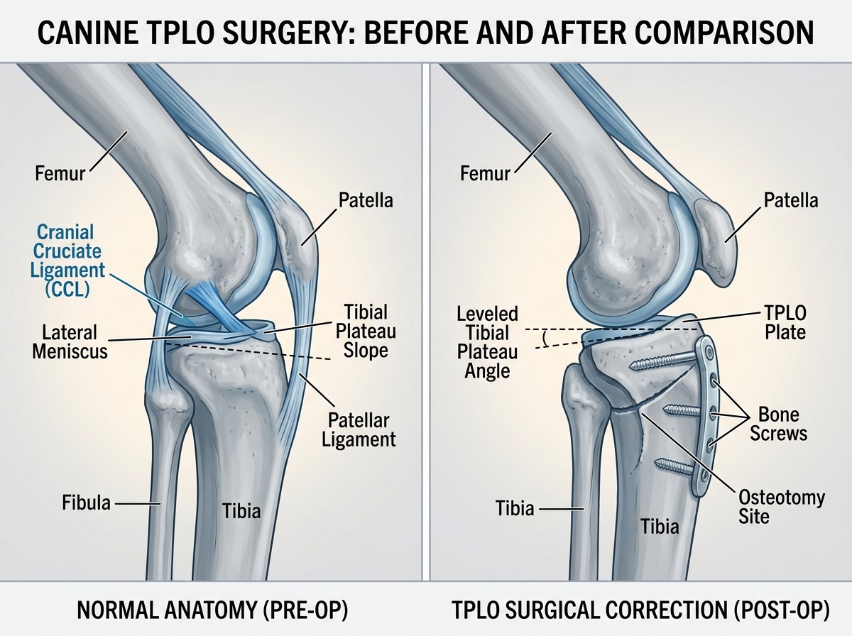 Anatomical diagram showing the dog knee joint and TPLO procedure