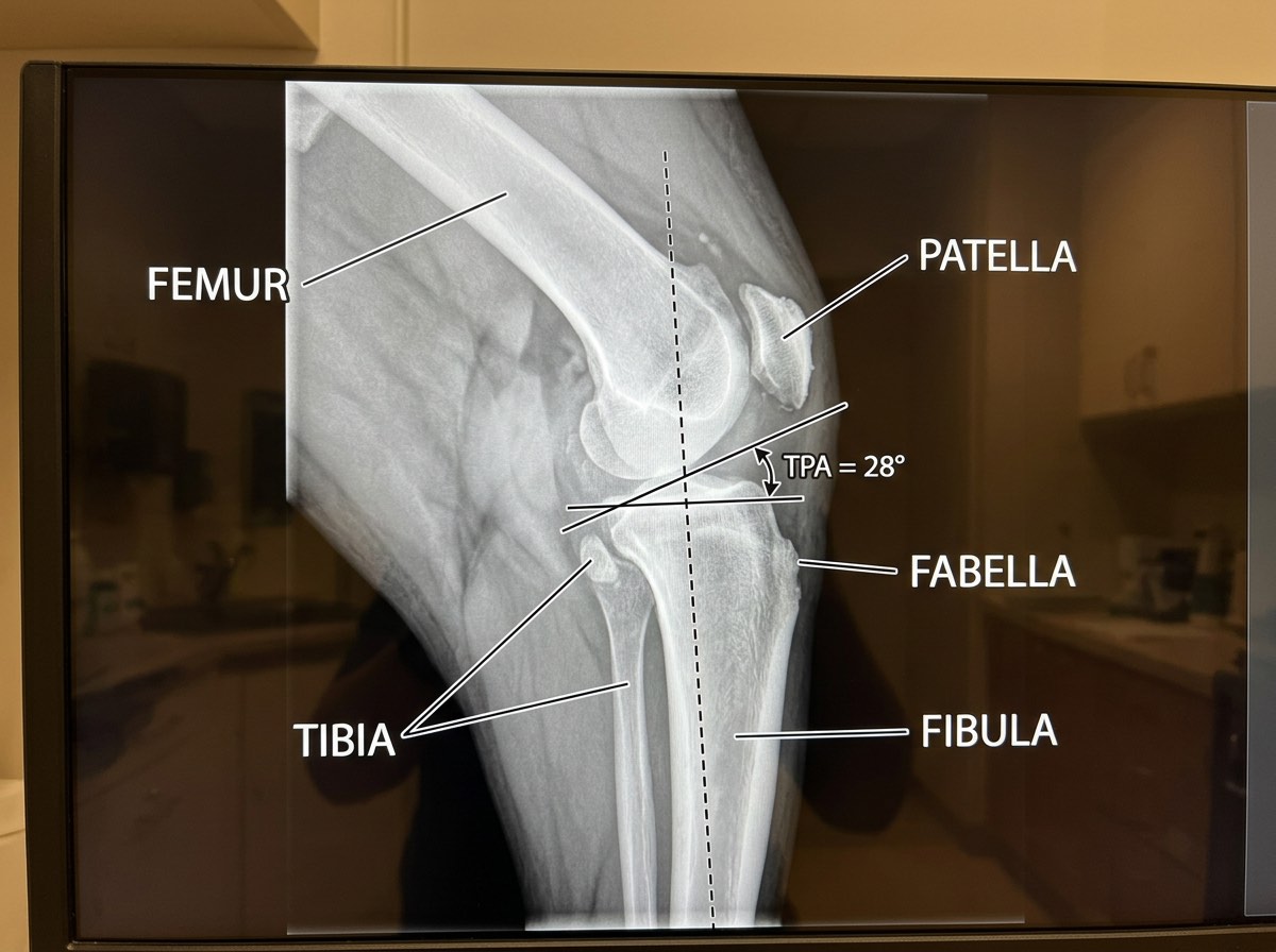 X-ray image showing dog knee with CCL rupture