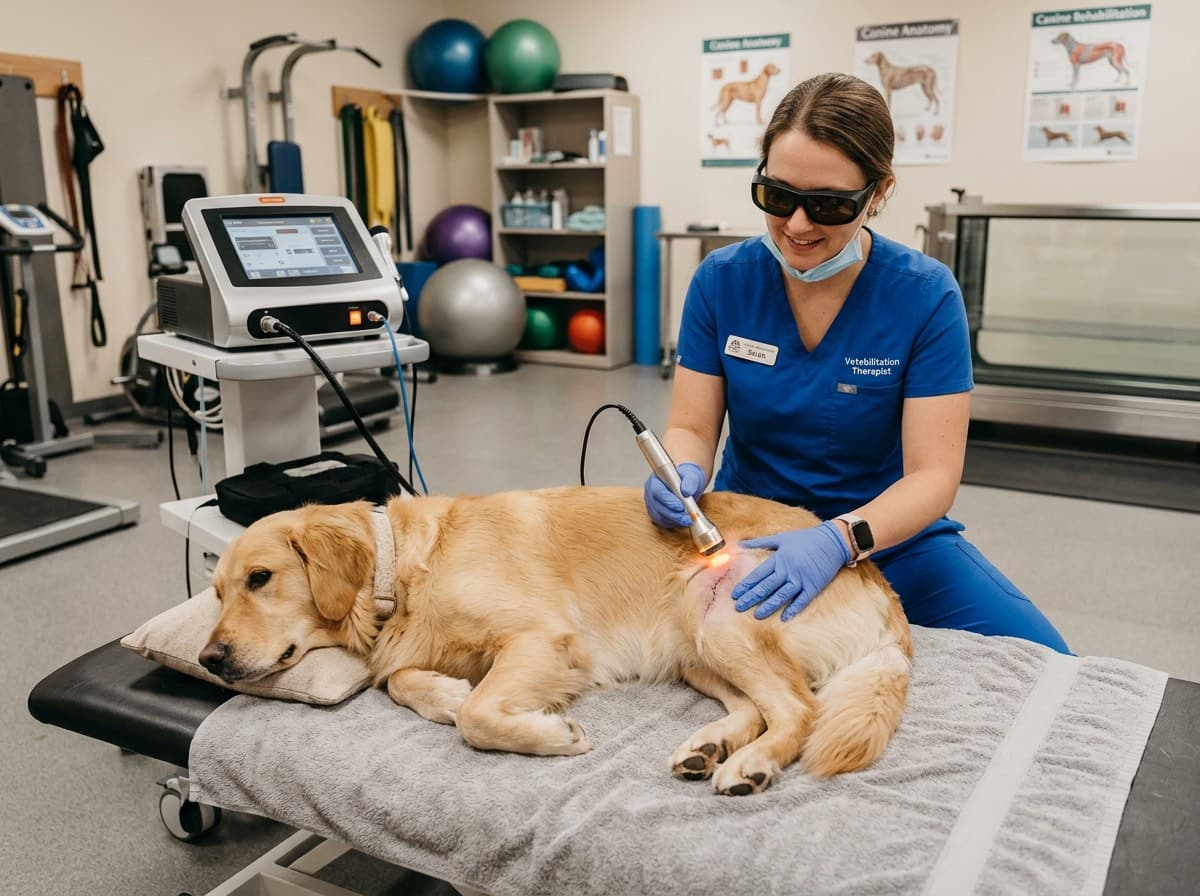 Dog receiving laser therapy during TPLO rehabilitation