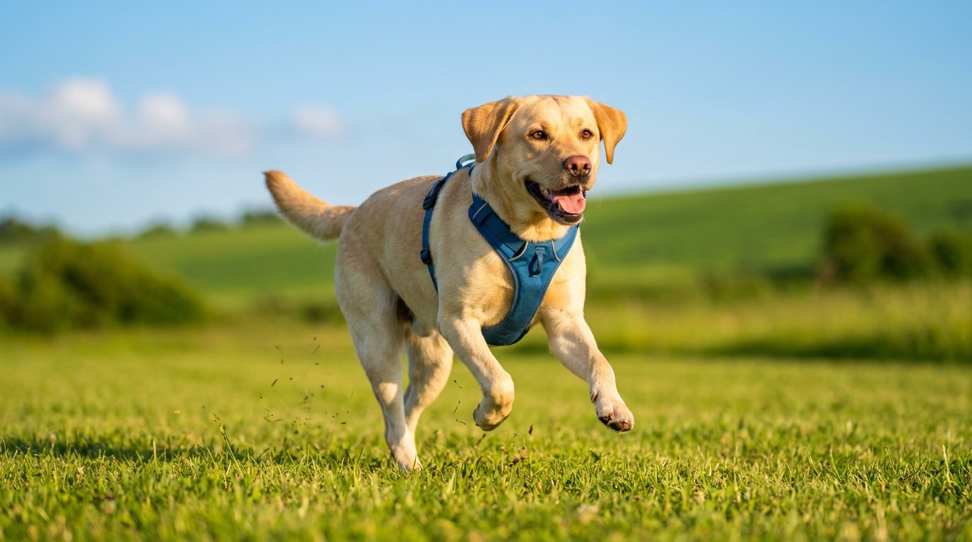 Happy active dog running after successful TPLO recovery