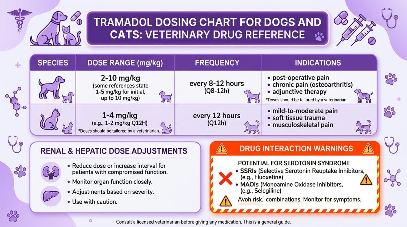 Tramadol dosing reference chart for dogs and cats with renal adjustment guidelines