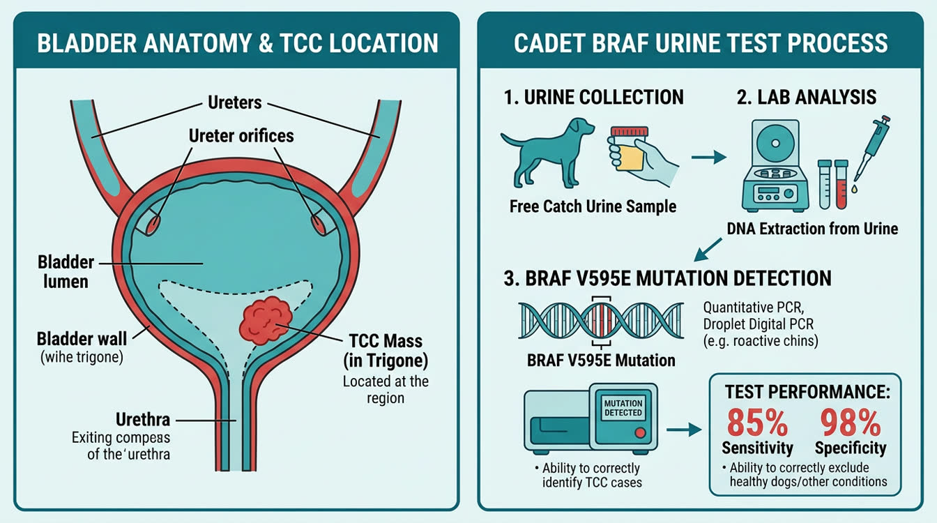 CADET BRAF urine test and bladder trigone anatomy diagram for TCC in dogs