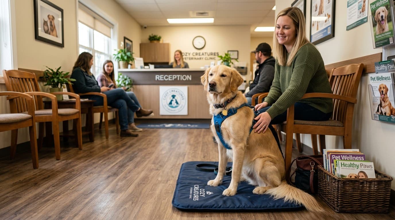 Anxious dog at veterinary clinic being calmed with pre-visit trazodone medication