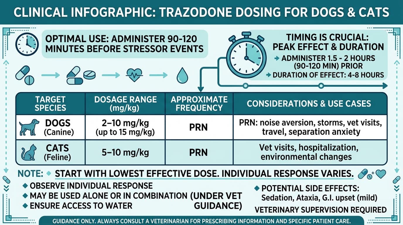 Trazodone dosing chart for dogs showing situational anxiety and sedation protocols