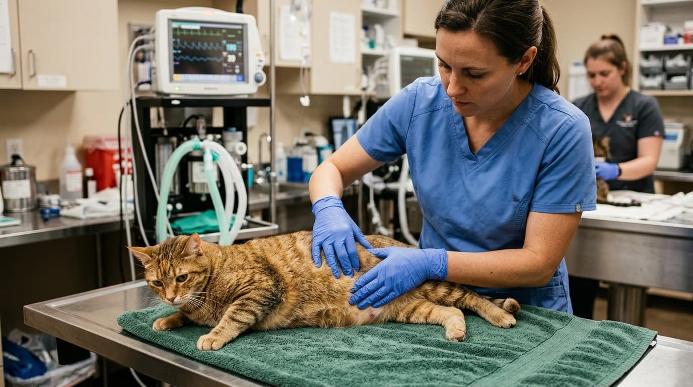 Veterinarian performing emergency examination on a male cat with urethral obstruction