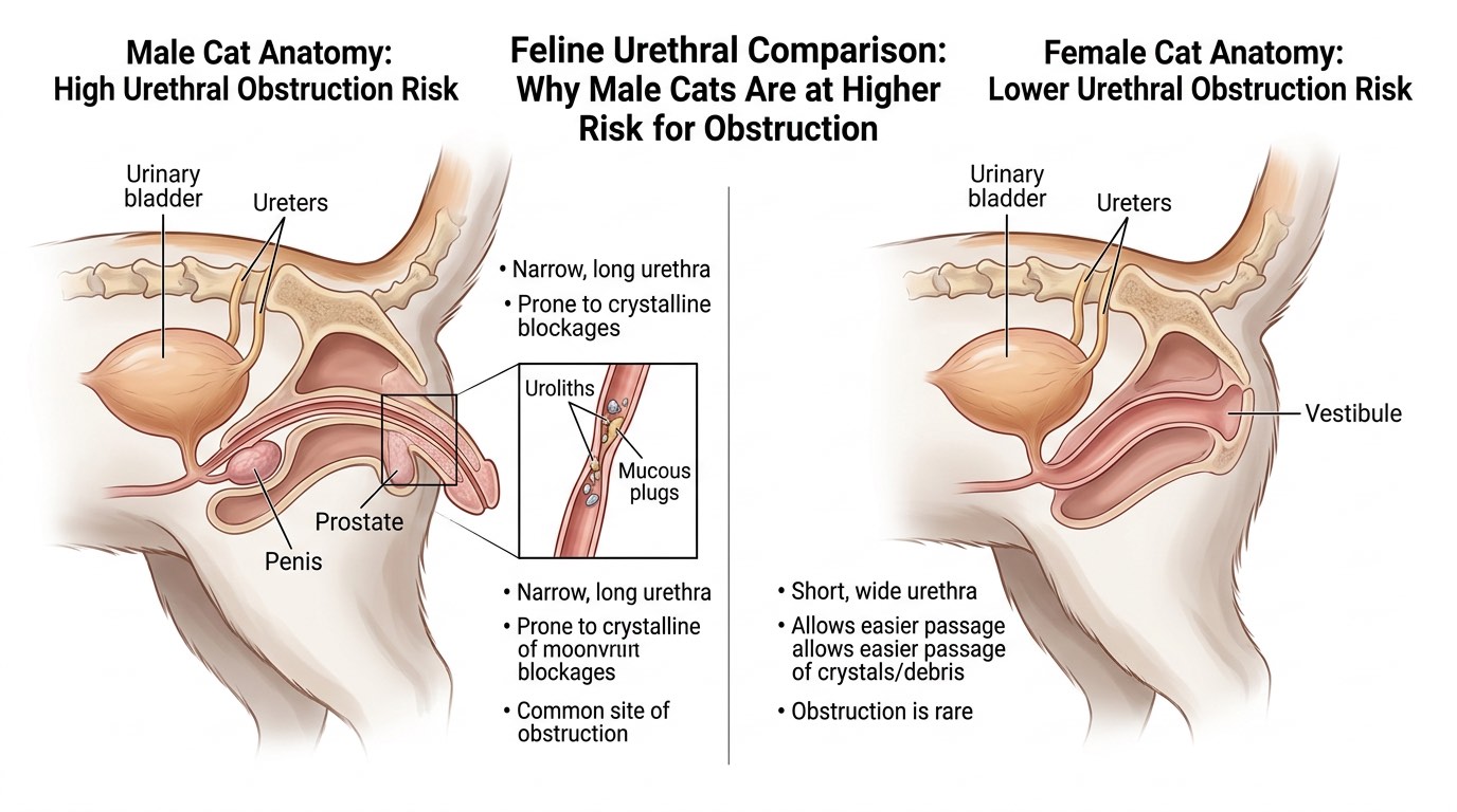 Anatomical diagram comparing male and female cat urethra width and length